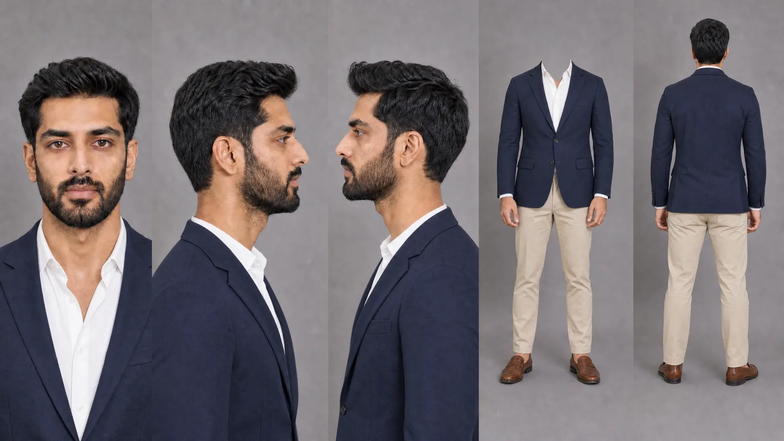 The same man, same face and build, in a navy blazer and white shirt; his trousers and shoes changed too