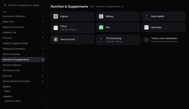 The competitor library with categories on the left and the brands in Nutrition & Supplements