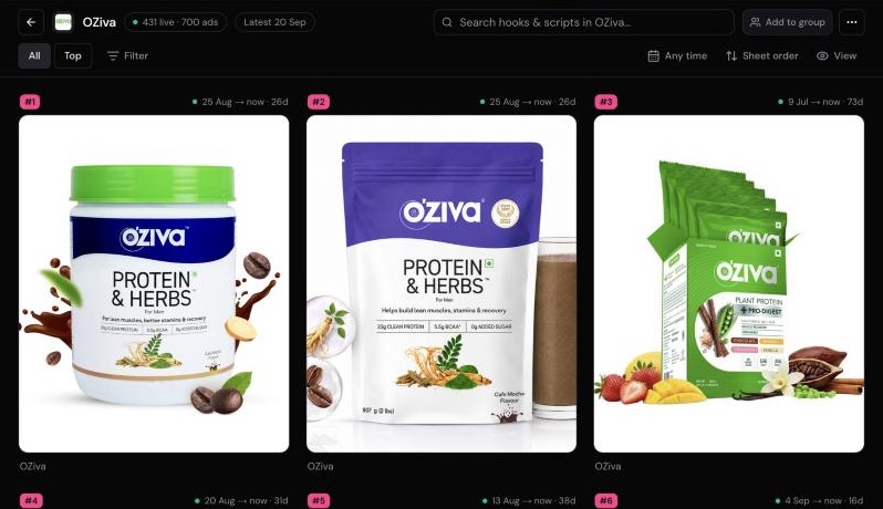OZiva's ads in a grid, each with its live dates and days running