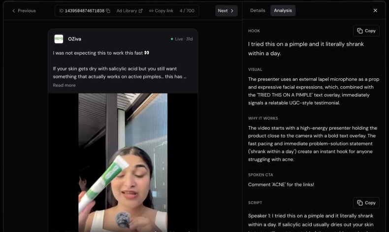 The ad's analysis: its hook, why it works, the spoken CTA and the full script