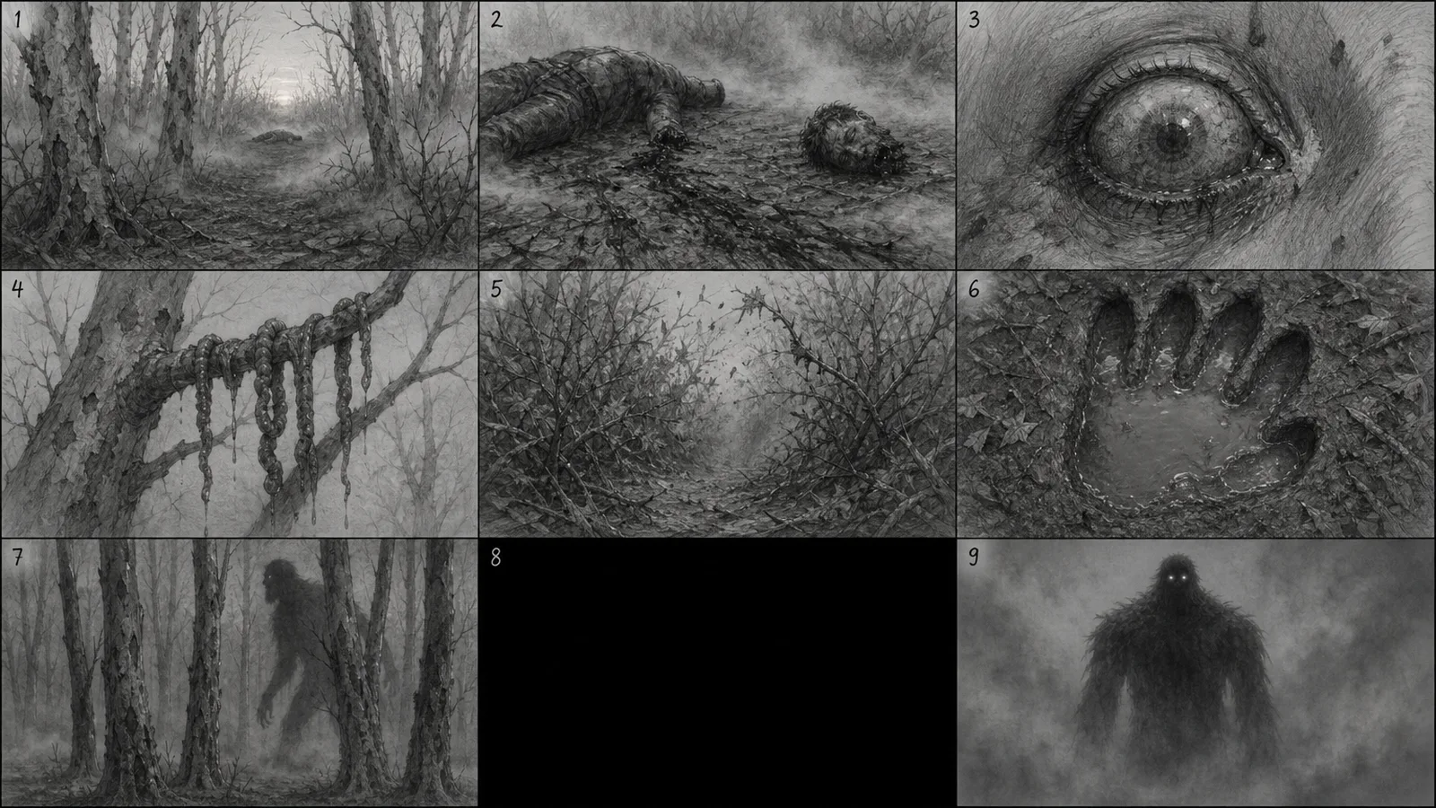 Storyboard grid 1 of a village horror film: a misty forest, a footprint, a creature