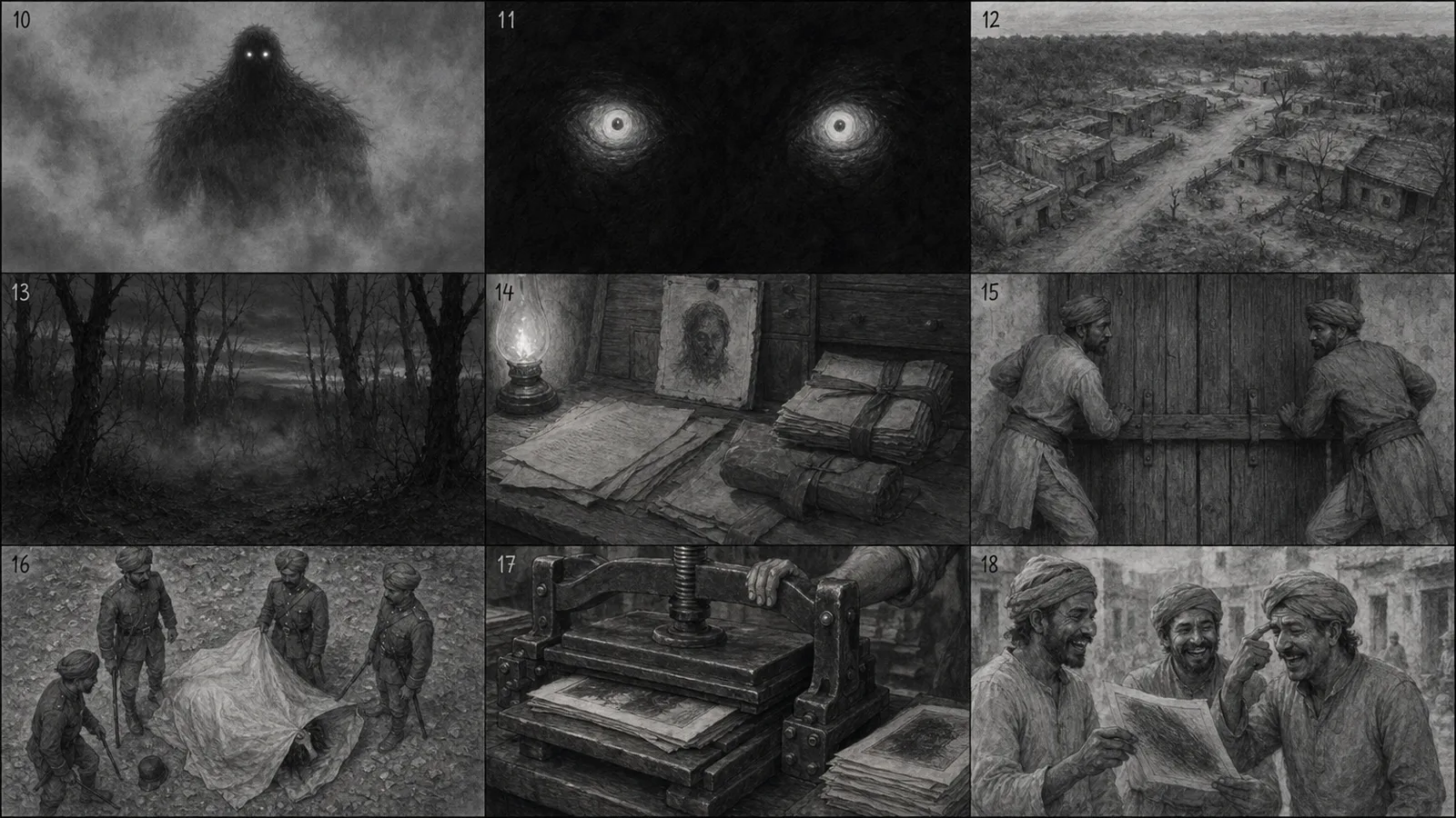 Storyboard grid 2: the creature's eyes, the village, villagers at a door