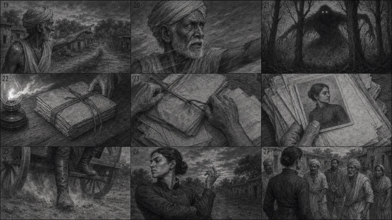 Storyboard grid 3: the old man, the letters, the woman and the crowd