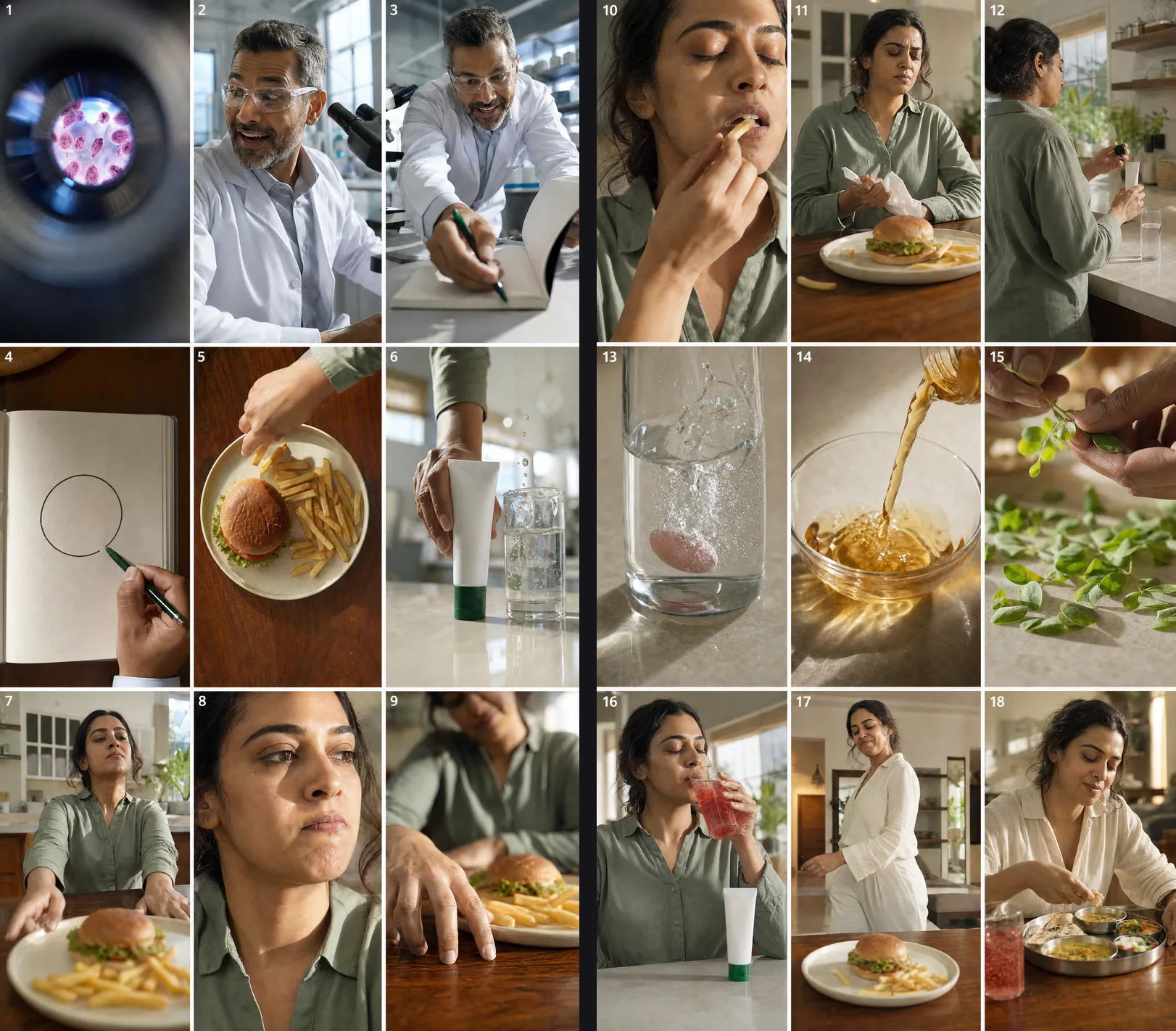 Two chained photorealistic storyboard grids of a woman choosing between fast food and a fizzy drink